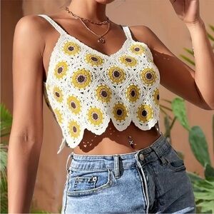 Urban Outfitters Yellow and White Crochet Crop Top